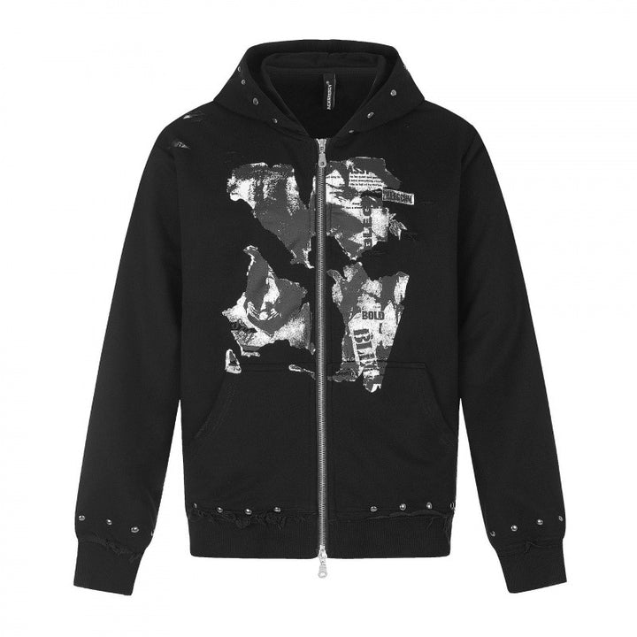[Herren] Kapuzensweatjacke mit durchgehendem Reißverschluss, Vintage‑Print und Nietenbesatz Drune
