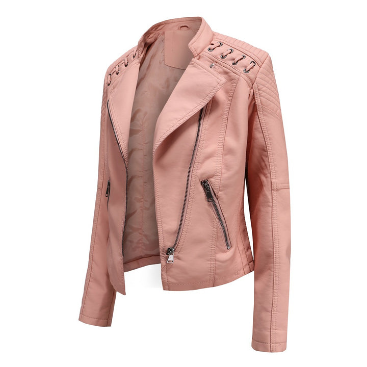 Damen nan taillierte Kunstleder-Bikerjacke mit gesteppter Schulterpartie, asymmetrischem Reißverschluss und Zierösen Drune