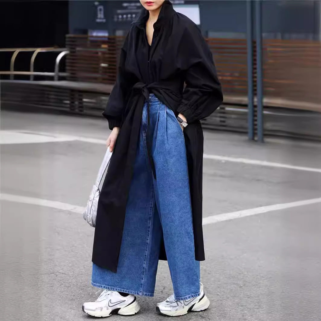 Damen Maxilanger Oversize-Mantel mit hohem Stehkragen, geraffter Rückenpasse und kastiger Silhouette Drune