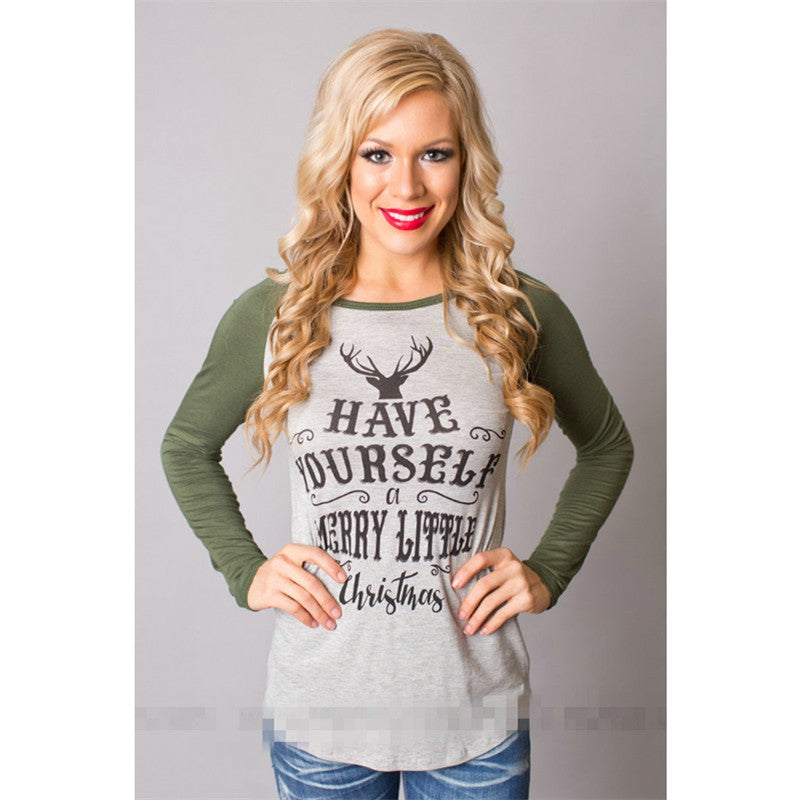 Damen Langarmshirt mit fröhlichem Weihnachtsdruck und Raglanärmeln Drune