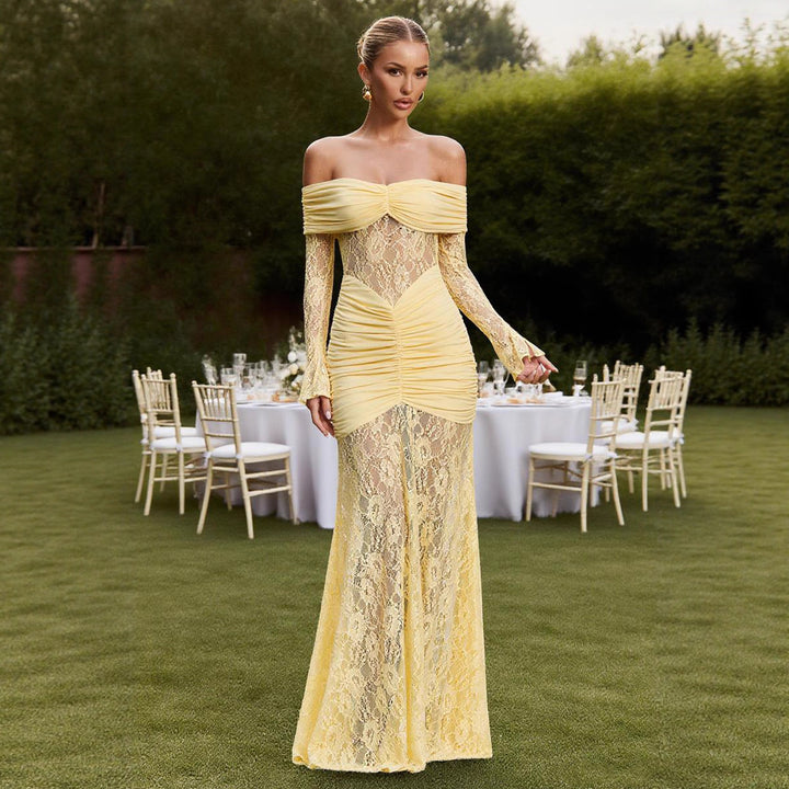 Damen Elegantes Spitzenmaxikleid mit raffinierten Rüschendetails und schulterfreien Trägern Drune