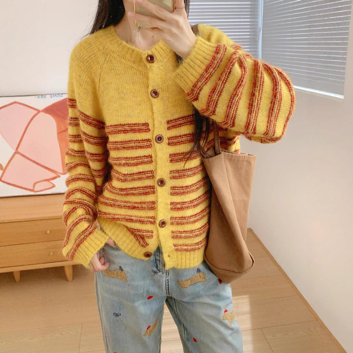 Damen gemütliche Strickjacke mit kontrastierenden Streifen und großen Knöpfen Drune