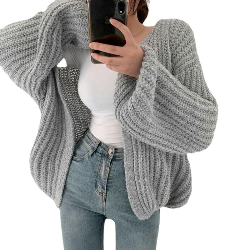 Damen grob gestrickte Oversized Cardigan mit tiefem V-Ausschnitt Drune