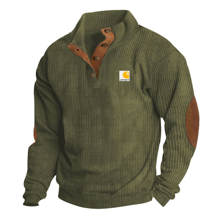 Herren nan Strickpullover im Troyer-Stil mit Stehkragen Lederbesatz Druckknopfleiste und Ellbogen-Patches Drune