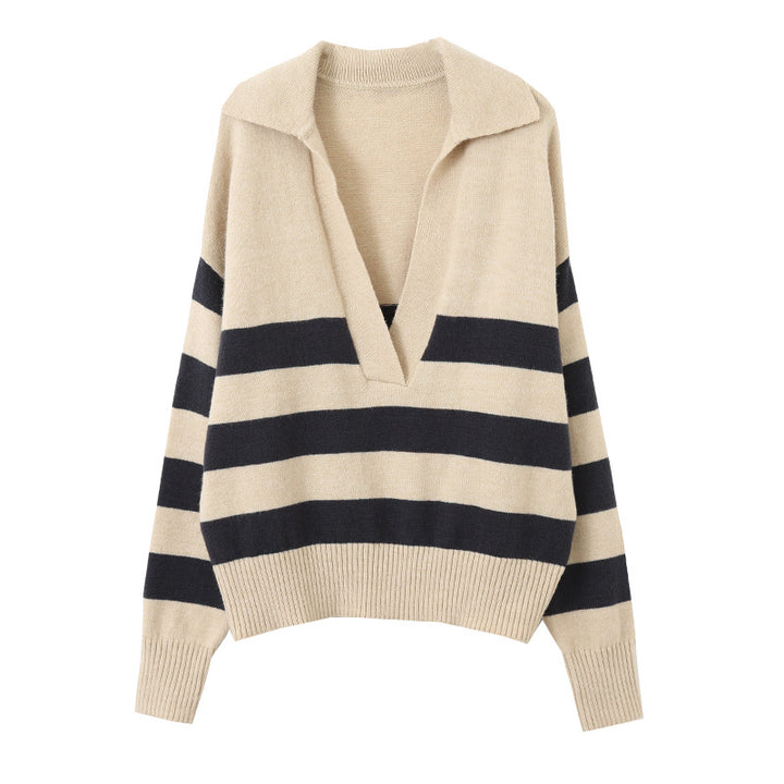 Damen Strickpullover mit V-Ausschnitt und Streifen Drune