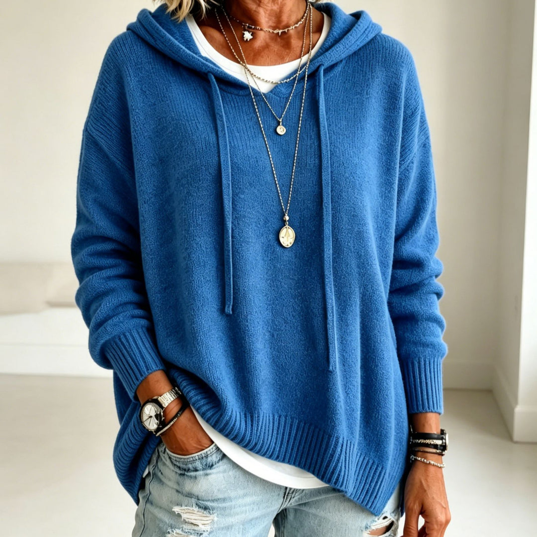 Damen Oversize Kapuzenpullover aus weichem Feinstrick mit Zier‑V‑Ausschnitt Drune