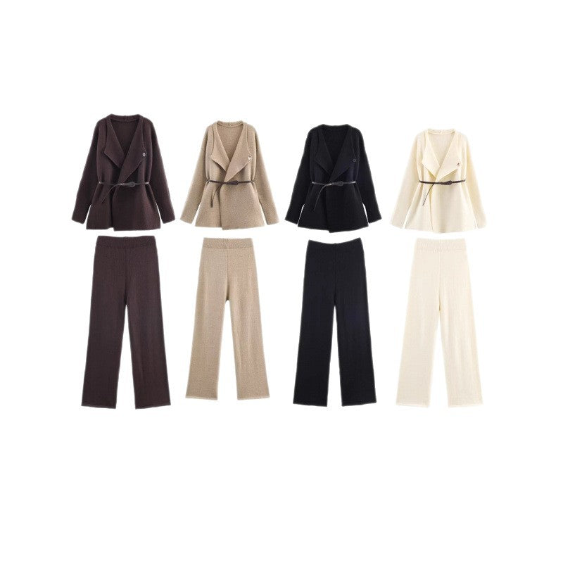 Damen elegantes Strickset mit tailliertem Blazer und weitem Hosenbein Drune