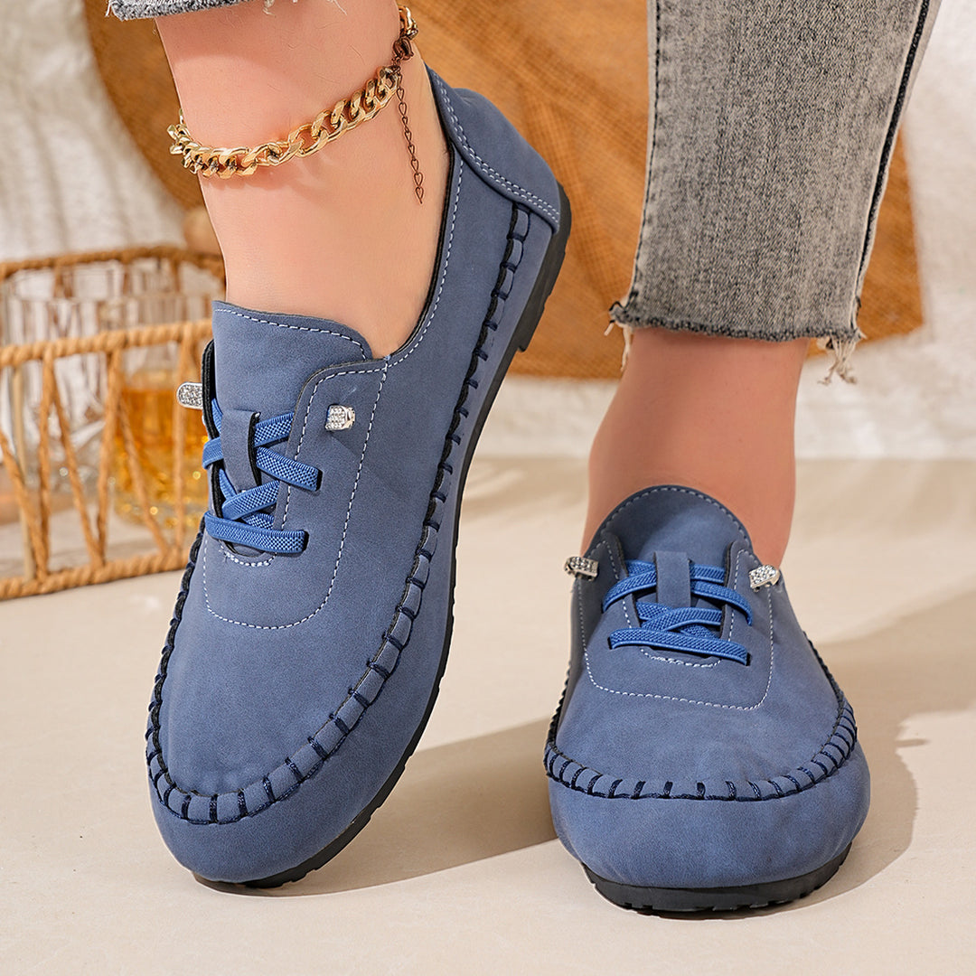 Damen nan atmungsaktive Mokassin-Slipper aus Mikrofaser mit elastischer Schnürung und rutschfester Gummisohle Drune