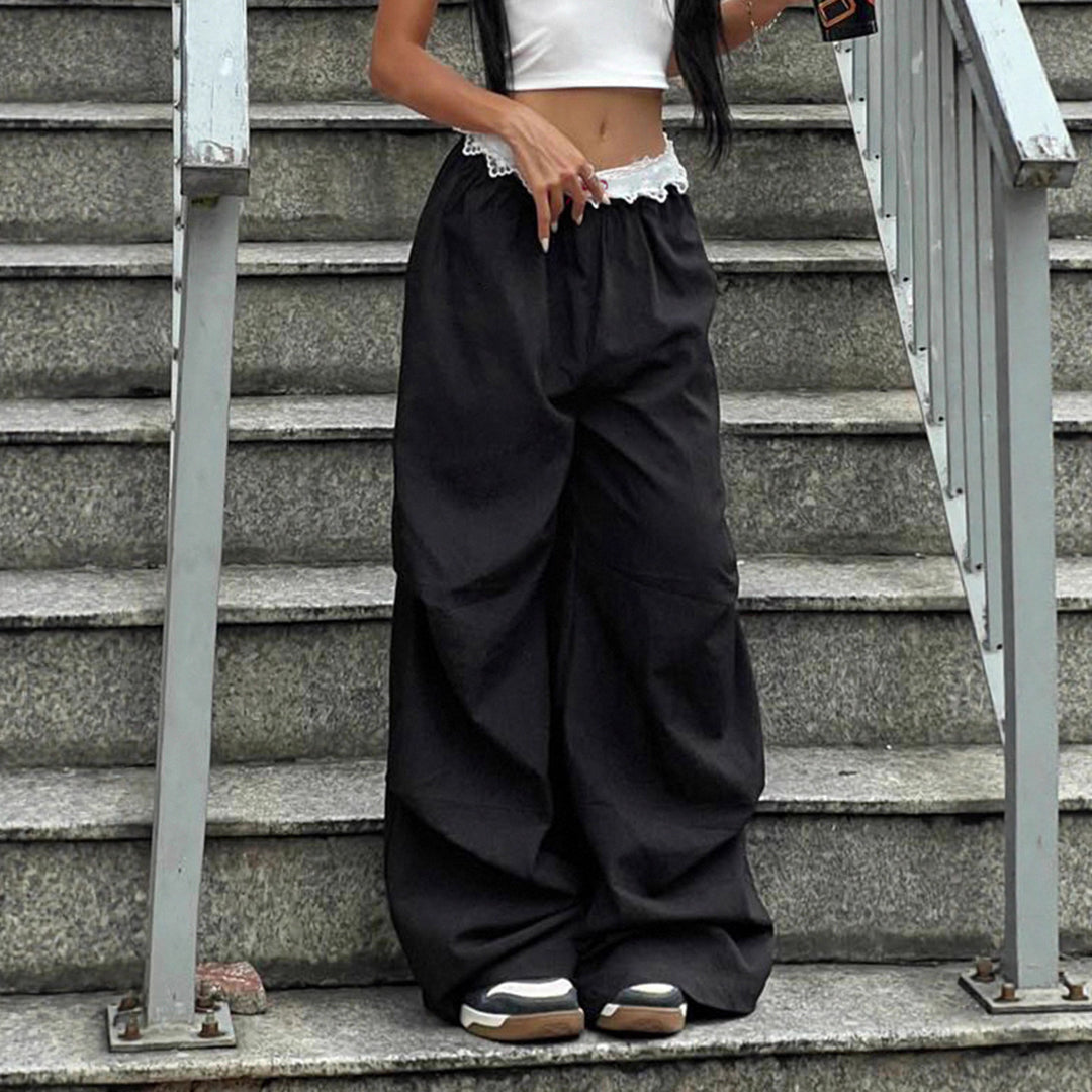 Damen nan Loungewear Schlafhose mit mehrlagigen Volants, elastischem Spitzenbund und weitem Bein Drune