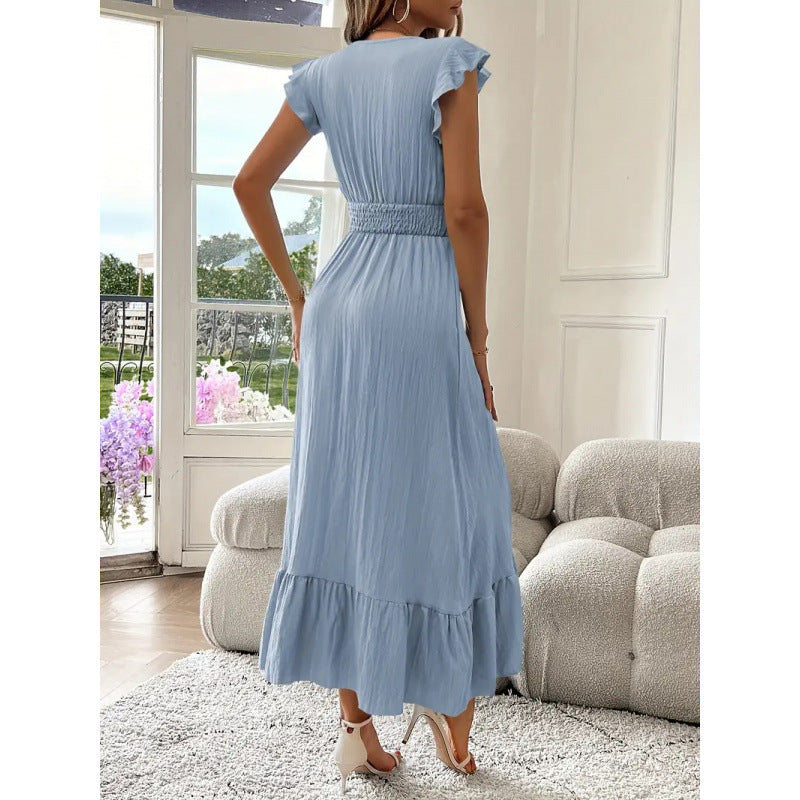 Damen Maxikleid mit voluminösen Rüschenärmel und elegantem Bund Drune
