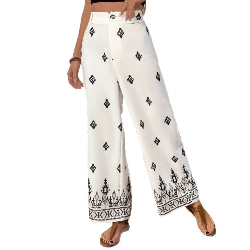 Damen Elegante und lockere Stoffhose mit dekorativem Muster Drune