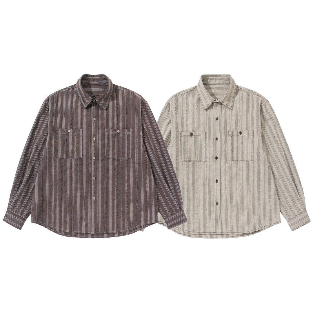 Herren lockeres gestreiftes Overshirt im Hemdjacken‑Stil mit Brusttaschen und abgerundetem Saum Drune