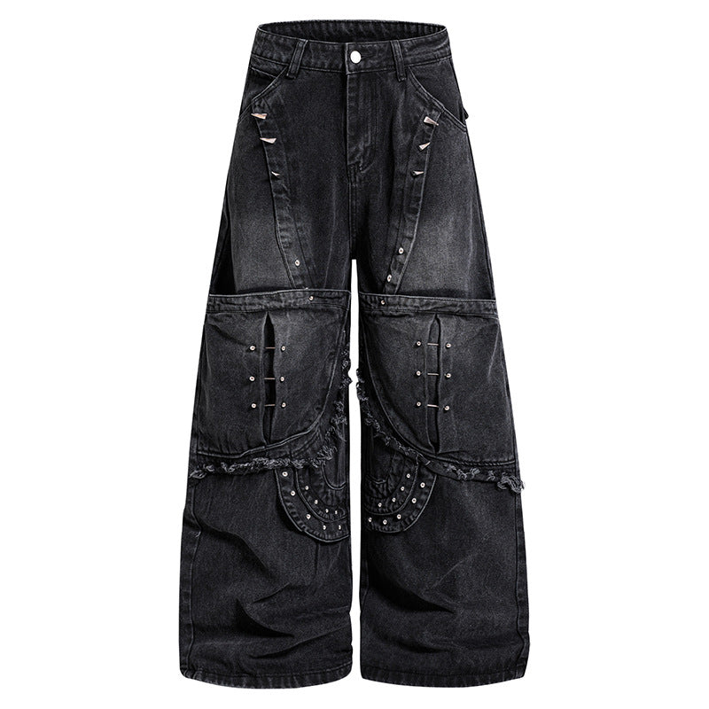 Damen Weite High‑Waist Denim‑Cargo‑Culotte mit Nieten und großen Pattentaschen Drune
