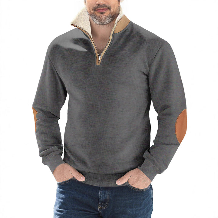 Herren nan Strukturstrick-Halbzipppullover mit wärmendem Sherpa-Kragen und Velours-Ellenbogenapplikation Drune