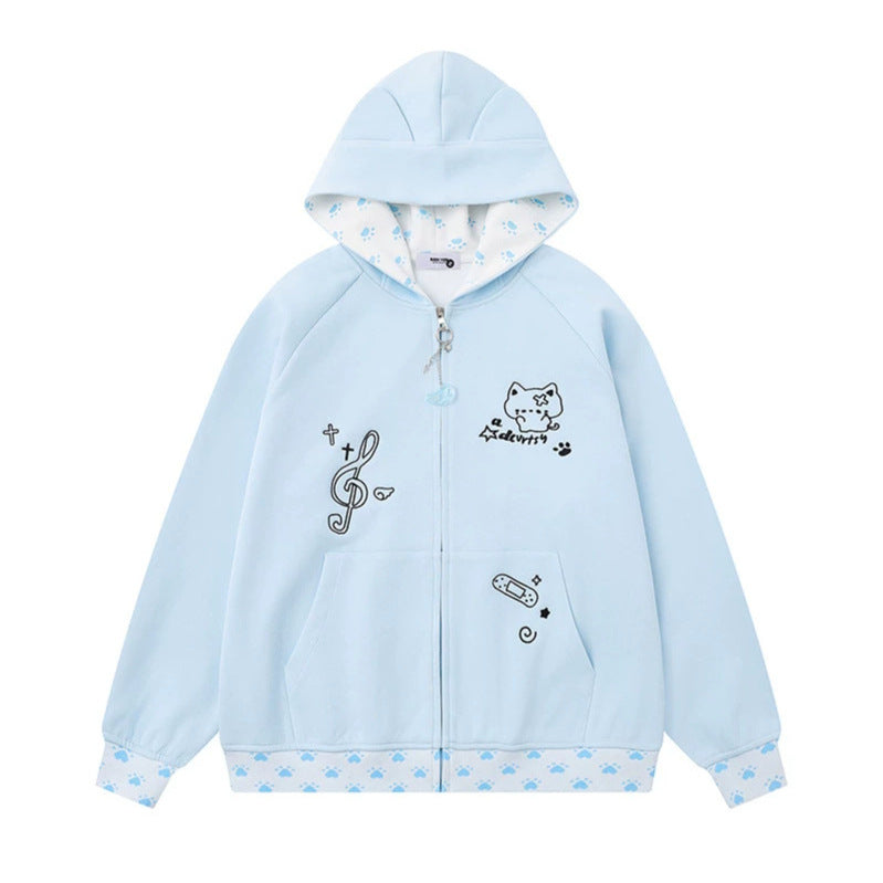 Damen Kapuzenjacke mit Reißverschluss im Casual‑Kawaii‑Stil, Kontrastkapuze, Comic‑Prints und Rippbündchen Drune