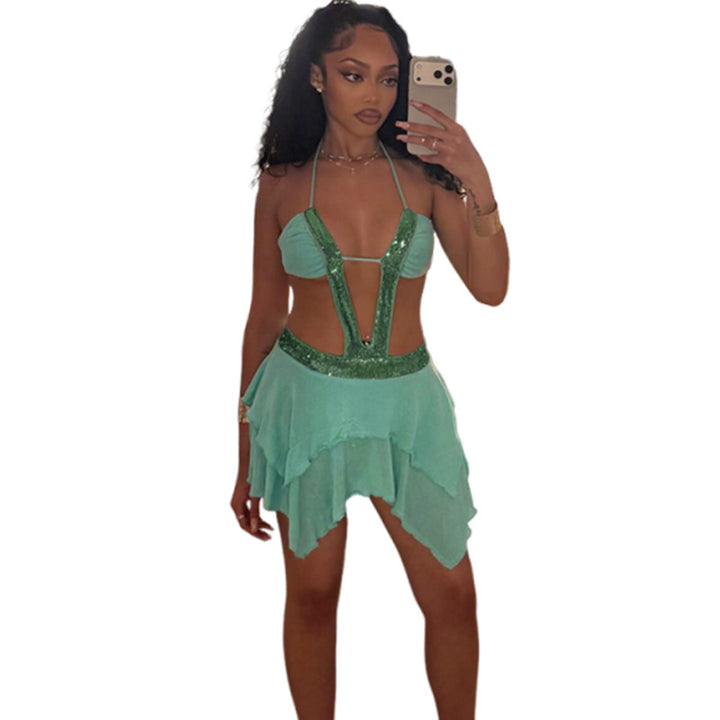 Damen schulterfreies Kleid mit funkelnden Pailletten und schwingendem Rock Drune