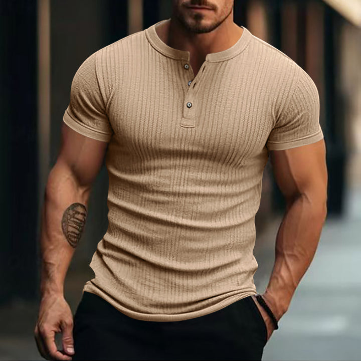 Herren nan eng anliegendes Kurzarm-Henleyshirt mit Rippenstruktur und kurzer Knopfleiste Drune