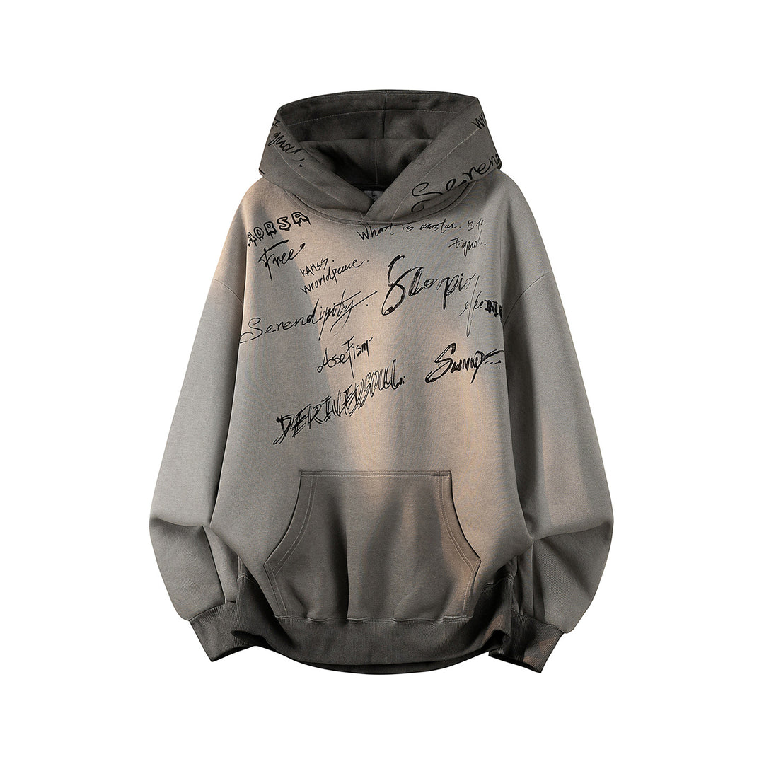 Unisex Oversize Kapuzenpullover mit handschriftlichem Grafik-Print, Kängurutasche & geripptem Saum Drune