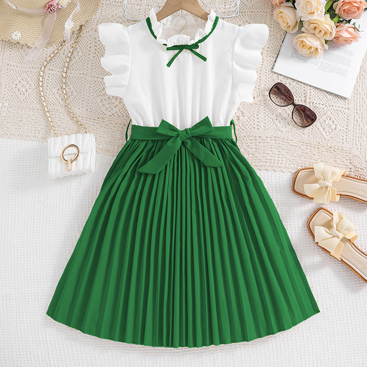 Mädchen Faltenrockkleid mit Puffärmeln und Taillenknoten Drune