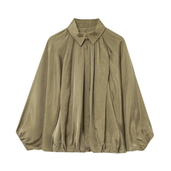 Damen 100+ weite geraffte Blusenjacke mit Hemdkragen und Frontreißverschluss Drune