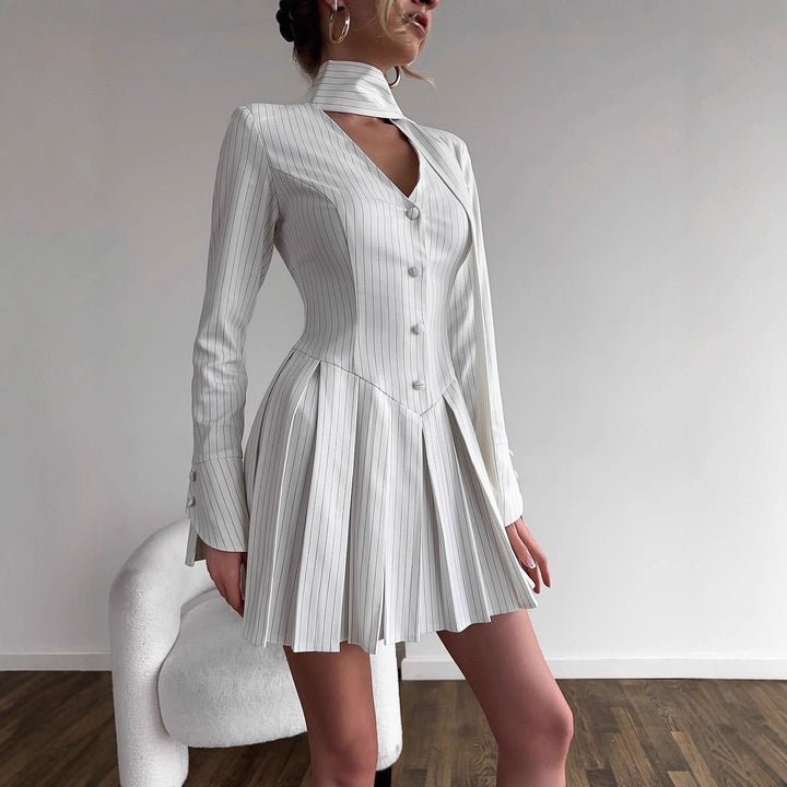 Damen Hemdblusenkleid mit Stehkragen und Faltenwurf Drune