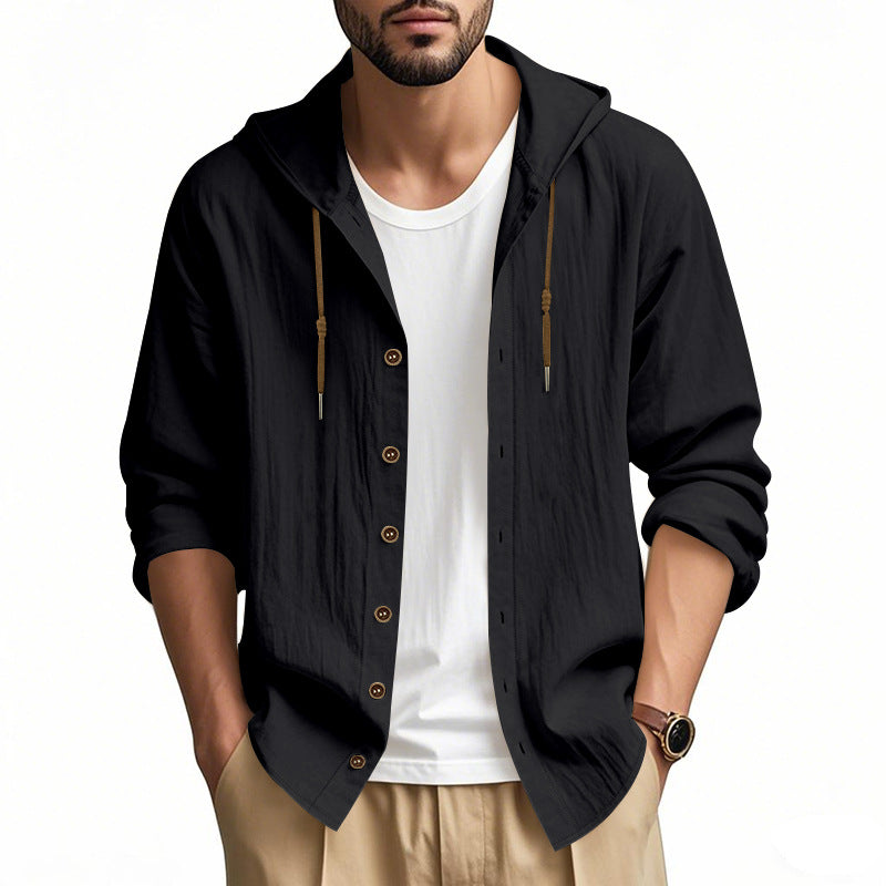 Herren nan leichtes Kapuzenhemdjacke aus Leinenoptik mit durchgehender Knopfleiste Drune