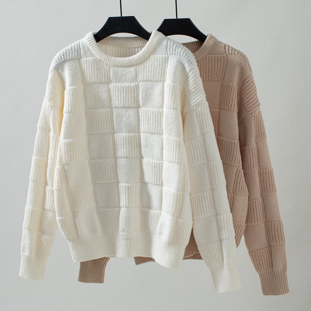 Damen Strickpullover mit modischem Karomuster und lässigem Schnitt Drune