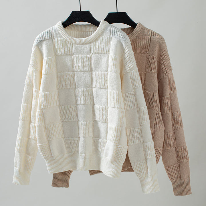 Damen Strickpullover mit modischem Karomuster und lässigem Schnitt Drune