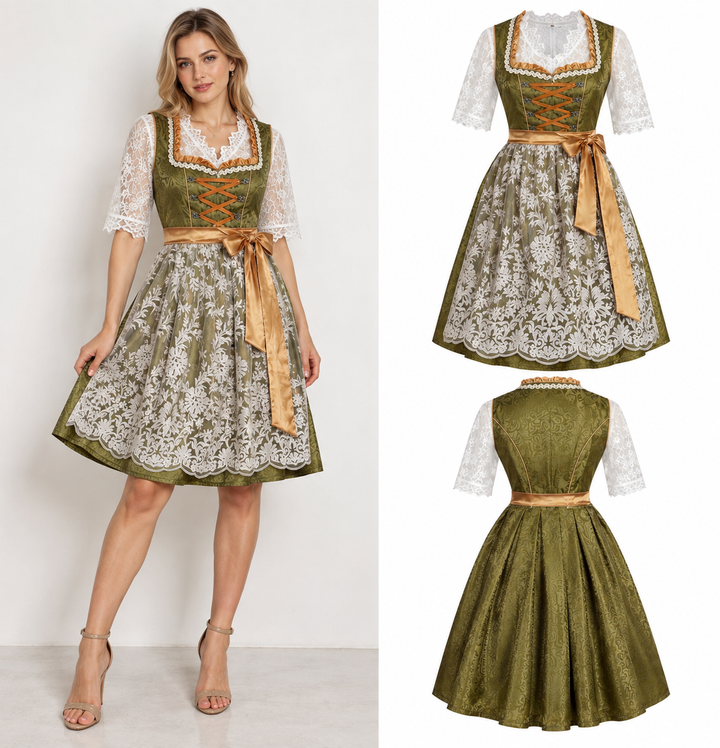 Damen nan traditionelles Dirndlkleid mit Spitzenbluse und bestickter Schürze Drune