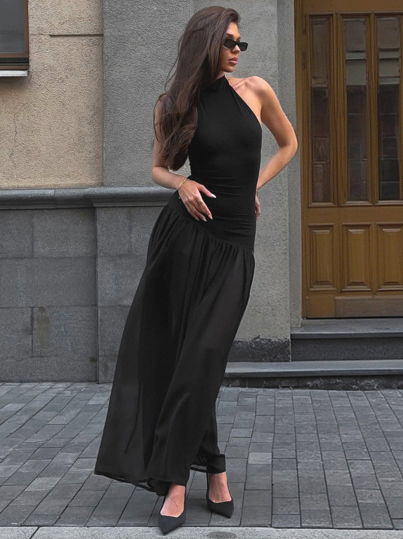 Damen Maxi-Kleid mit elegantem Stehkragen und fließendem Rock Drune