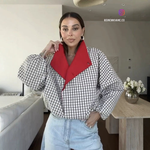 Damen Oversize-Bluse mit Stehkragen, karierter Optik und Ballonärmeln Drune