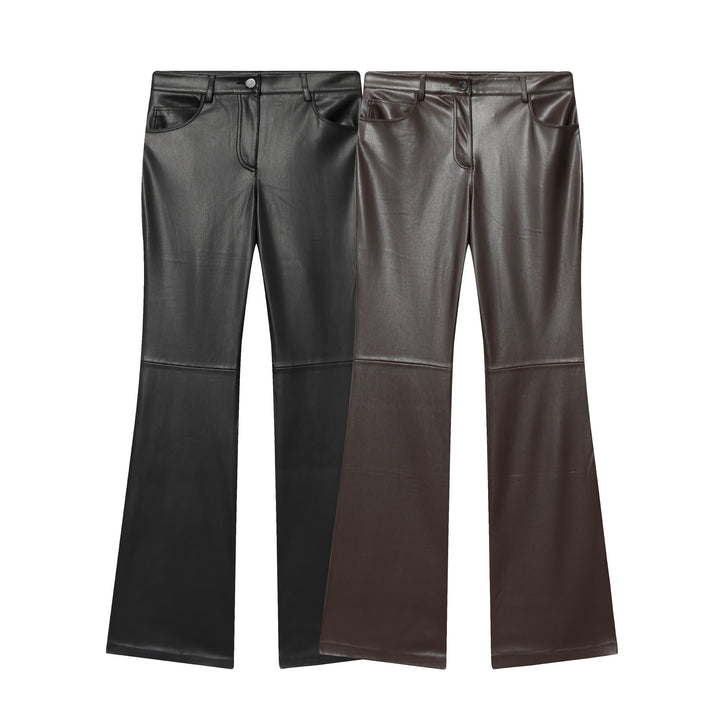 Damen nan weit geschnittene Kunstleder‑Flarehose mit Teilungsnähten und aufgesetzten Gesäßtaschen Drune