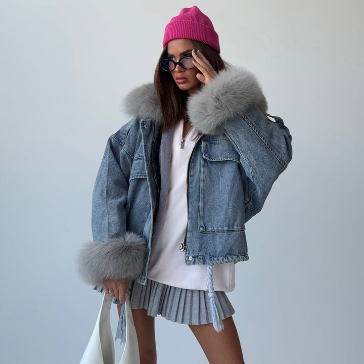 Damen Trendige Jeansjacke mit hohem Kragen und weitem Schnitt Drune