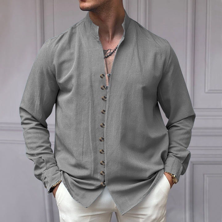 Herren nan elegantes Langarm-Leinenhemd mit Stehkragen asymmetrischer Knopfleiste und schmaler Passform Drune
