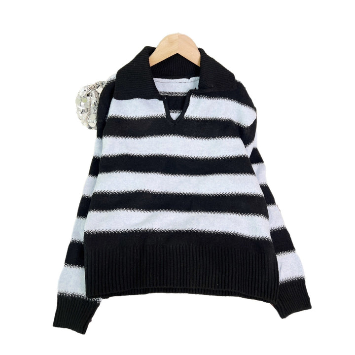Damen gestreifter Pullover mit modernem Polokragen und elastischem Bund Drune