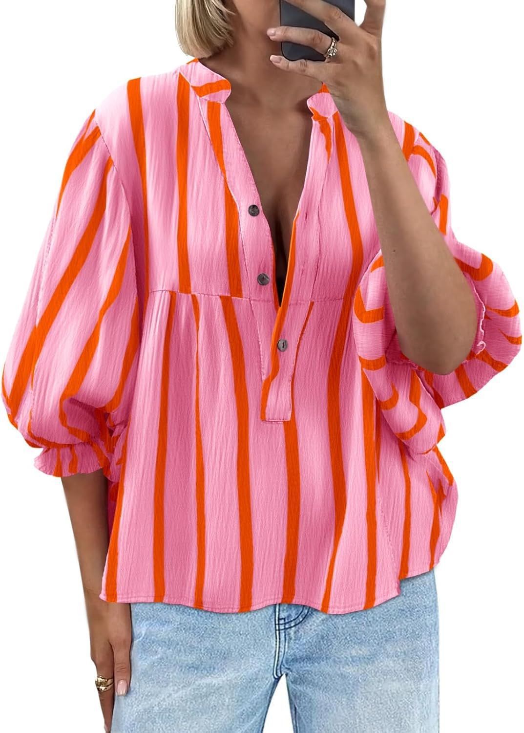 Damen oversize Bluse mit Streifenmuster und Knopfleiste Drune