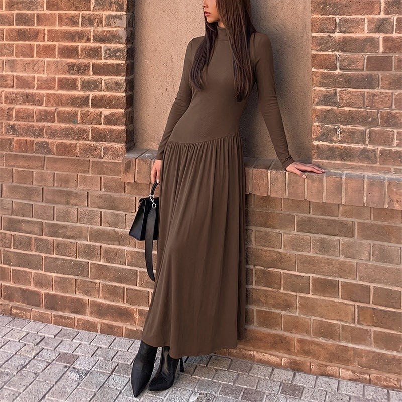 Damen Elegantes Maxikleid mit langen Ärmeln und hohem Kragen Drune
