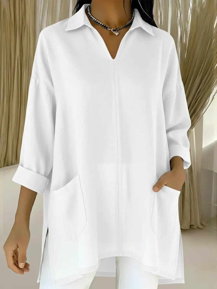 Damen Oversize-Tunika mit Hemdkragen, V-Ausschnitt und aufgesetzten Taschen Drune