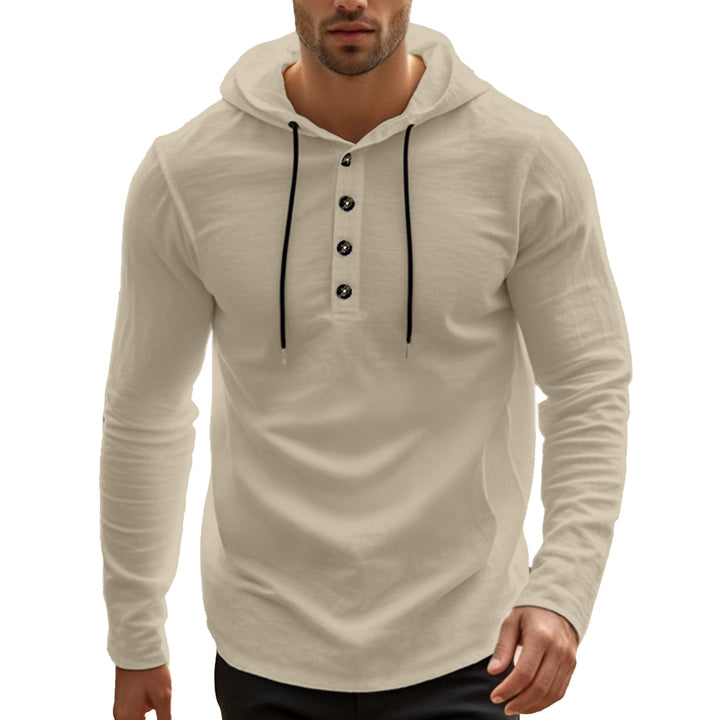 Herren nan lässiger Kapuzenpullover im Henley‑Stil mit Knopfleiste und verstellbarem Kordelzug Drune