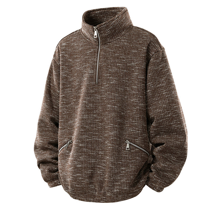 Herren Oversize Strickoptik Half-Zip Pullover mit Stehkragen und Reißverschlusstaschen Drune