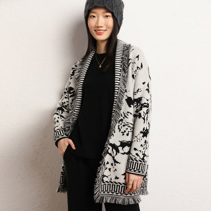 Damen Komfortable Strickjacke mit grafischem Muster und Fransendetails Drune