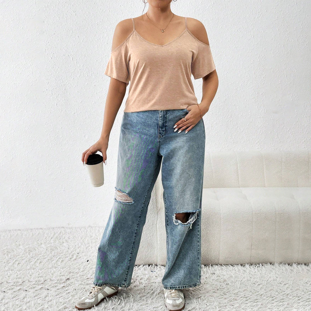 Damen lässiges T-Shirt mit Cut-Out-Ärmeln Drune