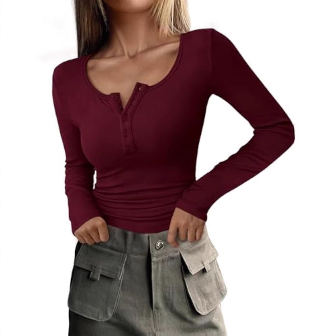 Damen Langärmeliges Rippshirt mit Henley-Knopfleiste und taillierter Passform Drune