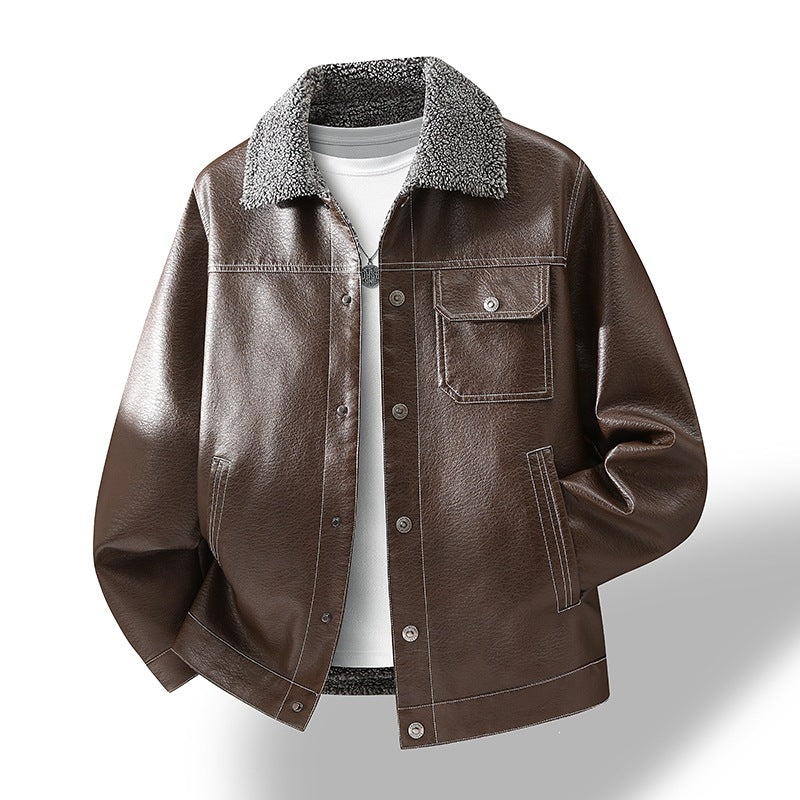 Herren Lässige Kunstlederjacke mit Teddykragen Drune