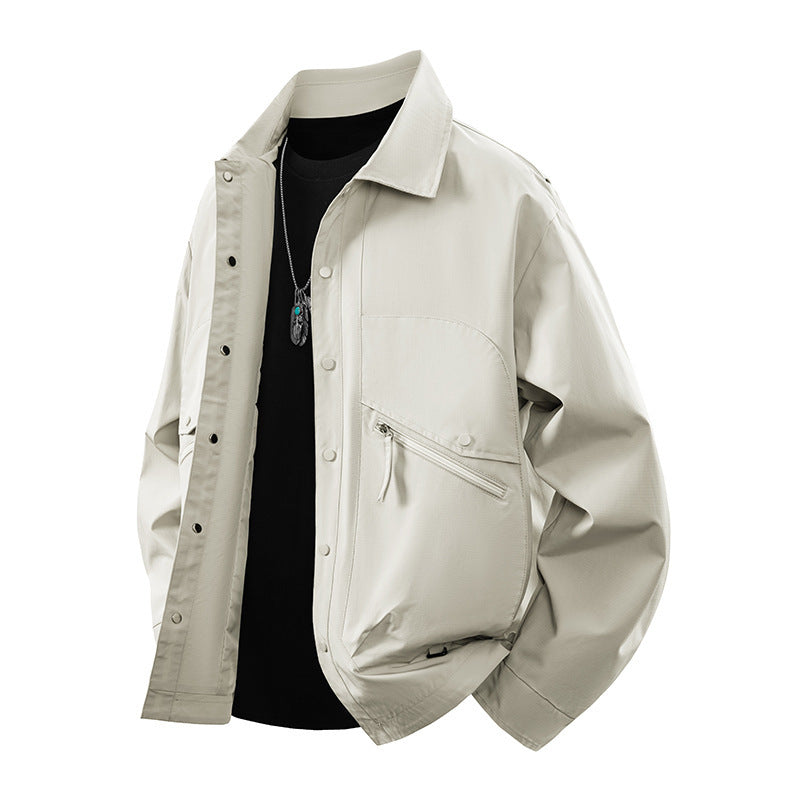 Herren Overshirt-Coachjacke im Urban-Utility-Stil mit Druckknopfleiste und schräger Reißverschlusstasche Drune