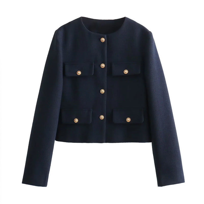 Damen Modische Kurzjacke mit dekorativen Knöpfen und praktischen Taschen Drune