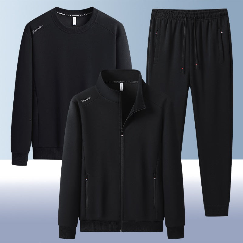[Herren] Zweiteiliges Trainingsset mit Stehkragen-Zipjacke, Rundhals‑Sweatshirt und konisch geschnittener Jogginghose aus atmungsaktivem Fleece Drune