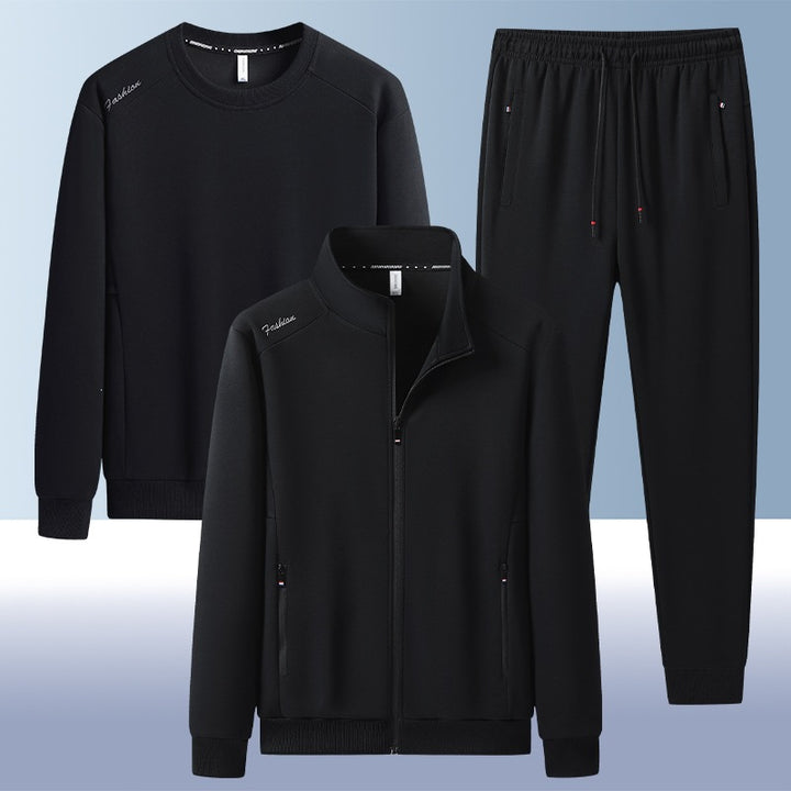 [Herren] Zweiteiliges Trainingsset mit Stehkragen-Zipjacke, Rundhals‑Sweatshirt und konisch geschnittener Jogginghose aus atmungsaktivem Fleece Drune