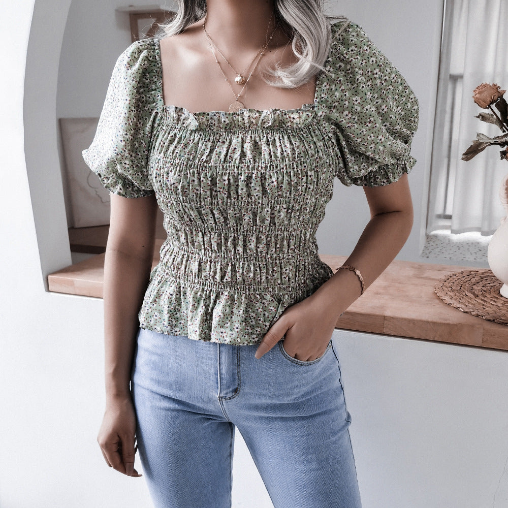Damen Volantbluse mit elastischer Taille und Puffärmeln Drune