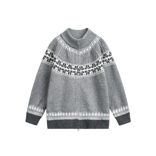 Damen Strick-Zipjacke im Norweger‑Muster mit hohem Stehkragen Drune